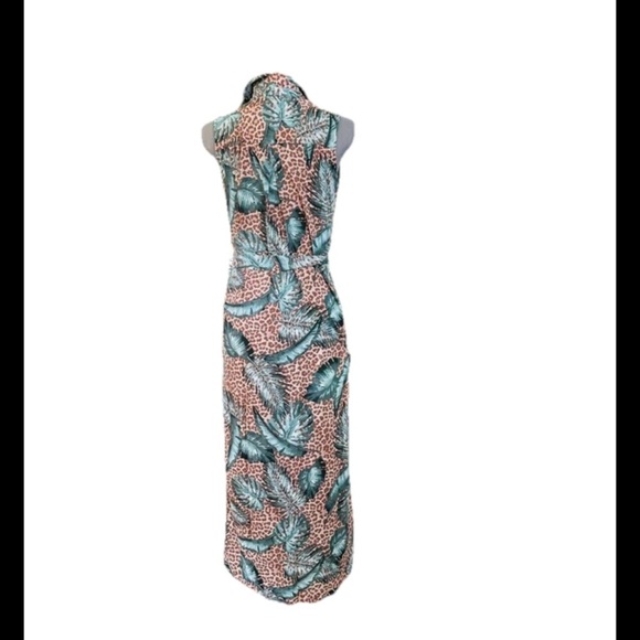 ✨NWT G By Guliana Tropical cheetah Green Sleeveless Dress button down tie waist - Picture 2 of 6